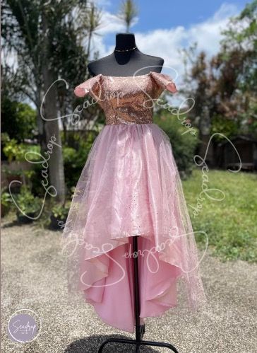 Champagne Pink Sequin Dip Hem Dress High Low dress Off shoulder