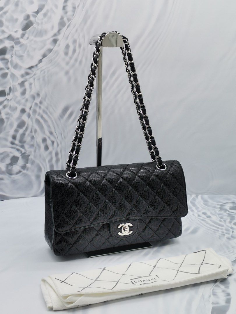 CHANEL CLASSIC MEDIUM DOUBLE FLAP BLACK CAVIAR LEATHER SILVER HARDWARE  CHAIN BAG, Luxury, Bags & Wallets on Carousell