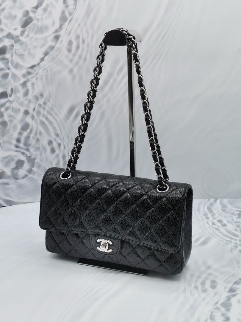 CHANEL CLASSIC MEDIUM DOUBLE FLAP BLACK CAVIAR LEATHER SILVER HARDWARE CHAIN  BAG, Luxury, Bags & Wallets on Carousell