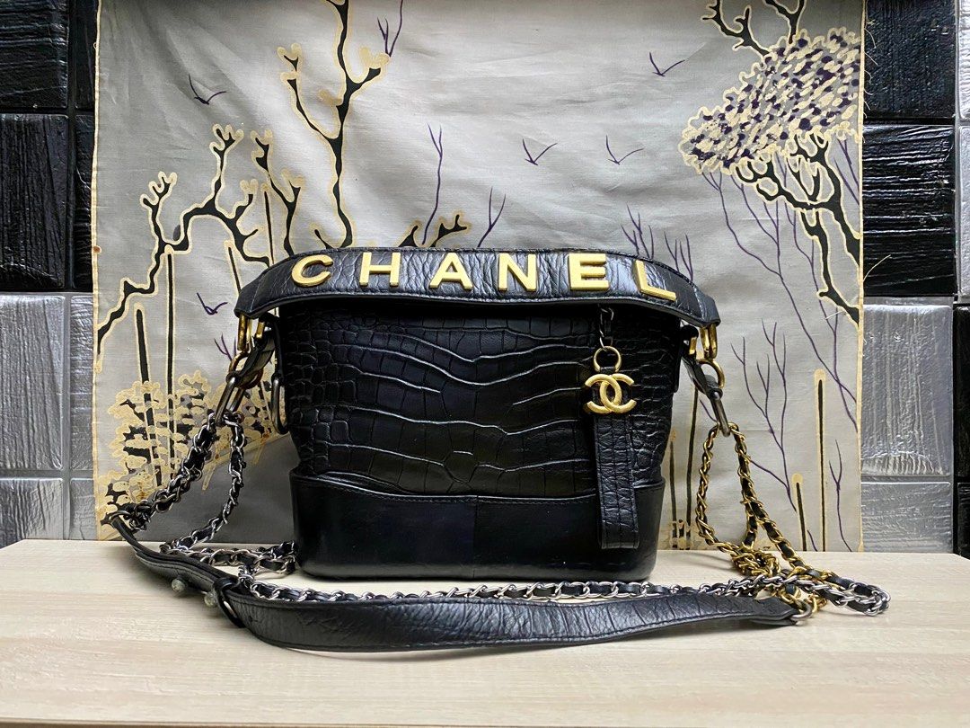 Chanel Small Gabrielle Hobo Bag Crocodile Embossed Calfskin Black