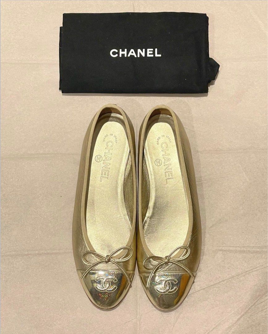Chanel Gold Lambskin Iridescent Cap Toe Ballet Flats 38.5C