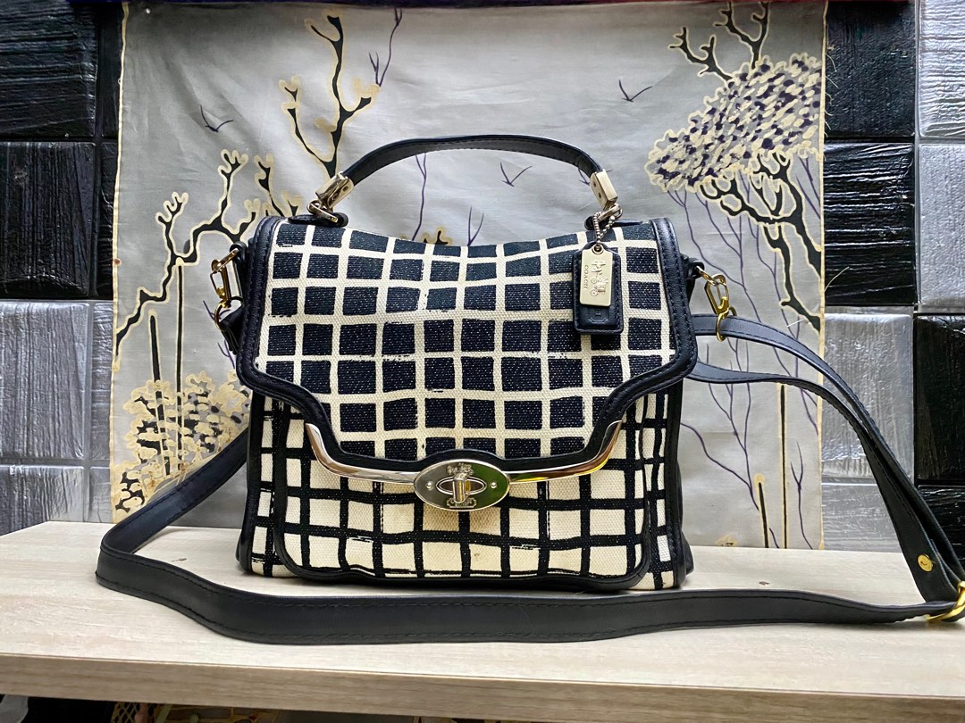 SALE Coach Madison Graphic Print Sadie Flap Satchel Black White Fabric Leather Bag Style 28084 Women s Fashion Bags Wallets Cross body Bags on Carousell