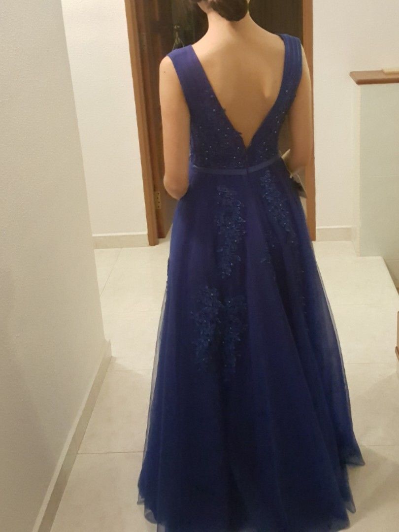 Dark blue embellished floral sequin gown (lace lunch dinner wedding event  formal dress royal blue photoshoot), Women's Fashion, Dresses & Sets,  Evening dresses & gowns on Carousell