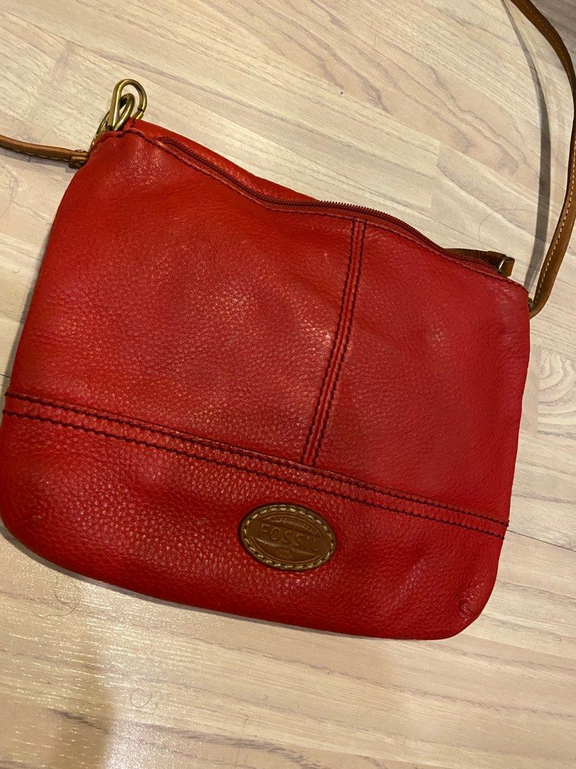 Fossil Crossbody Messenger Bag Red Leather Brass Hardware