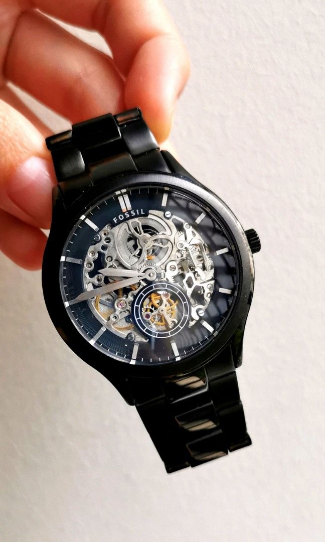 Fossil Men Skeleton Automatic Black Silver tone Watch