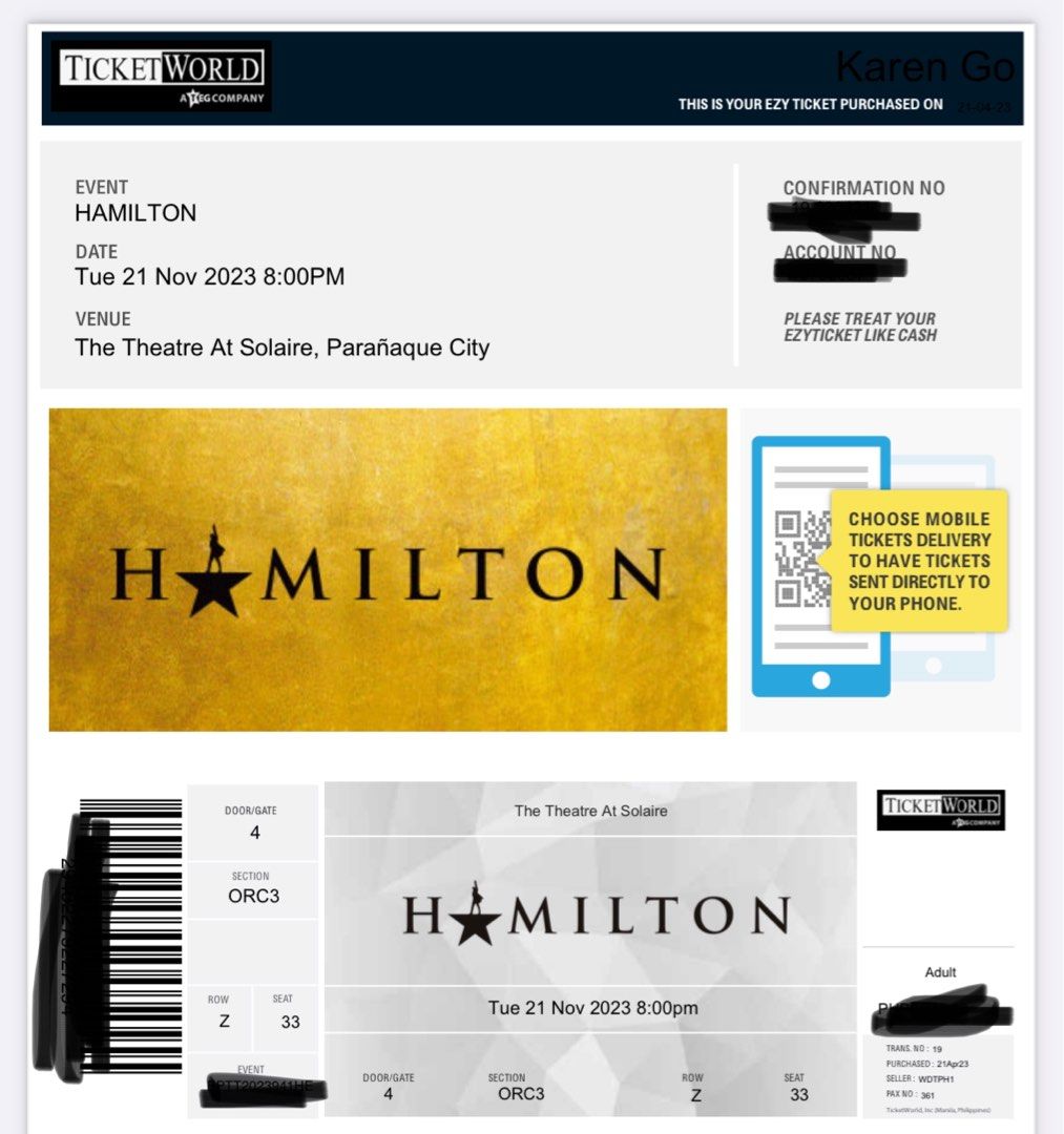 Hamilton Tickets for November 21 2023 Tickets Vouchers Event