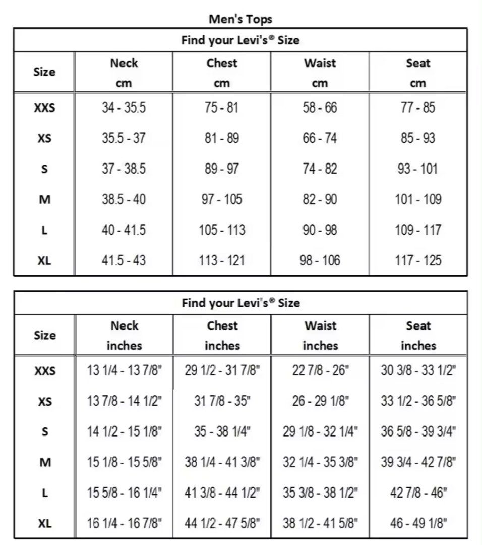 Levis jacket size chart hot sale