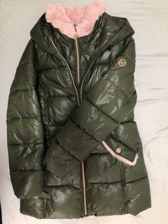 Micheal Kors Girls Green Long Puffer Jacket Pink Faux Fur Trim