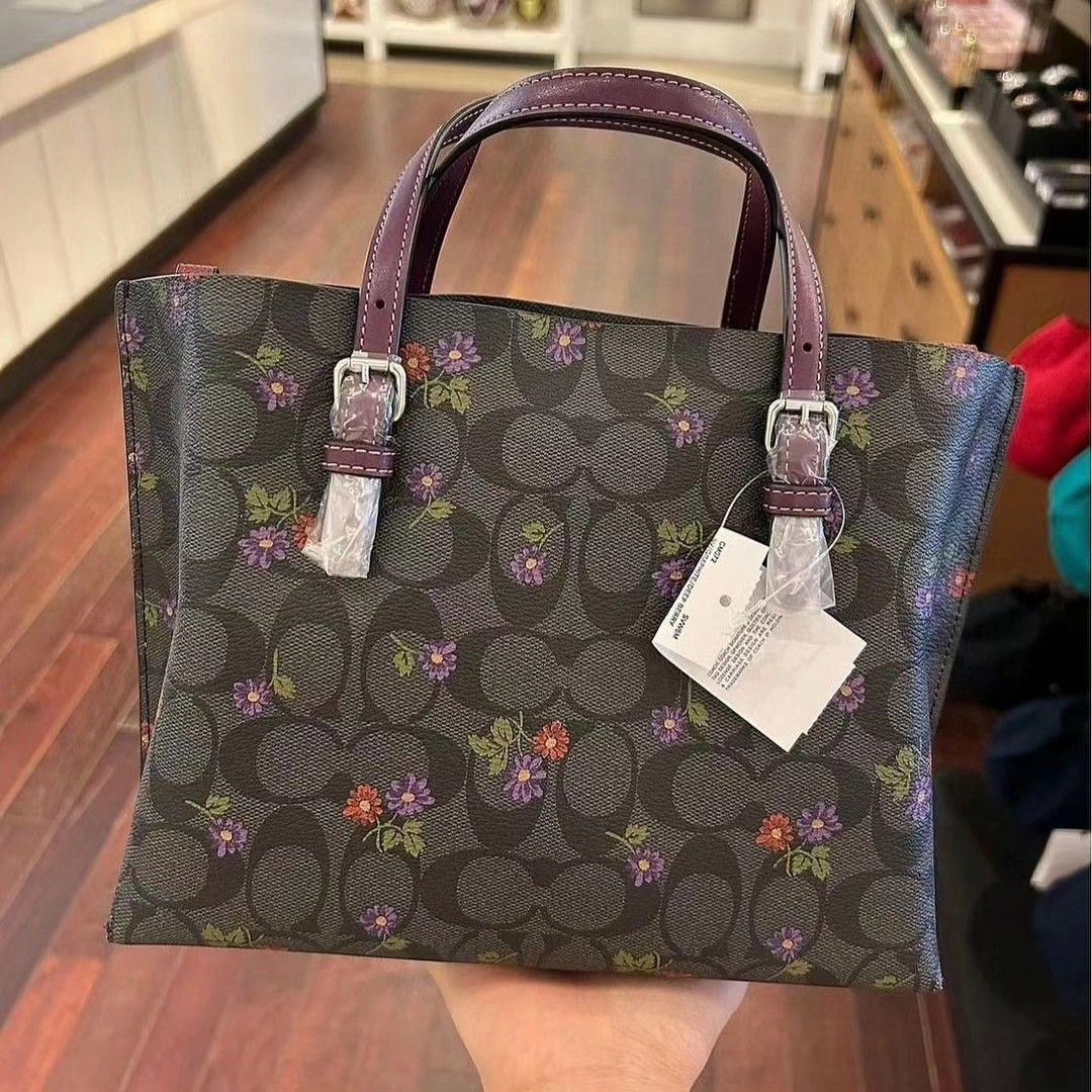 MOLLIE TOTE 25 IN SIGNATURE CANVAS WITH COUNTRY FLORAL PRINT COACH CM072 SILVER GRAPHITE DEEP BERRY