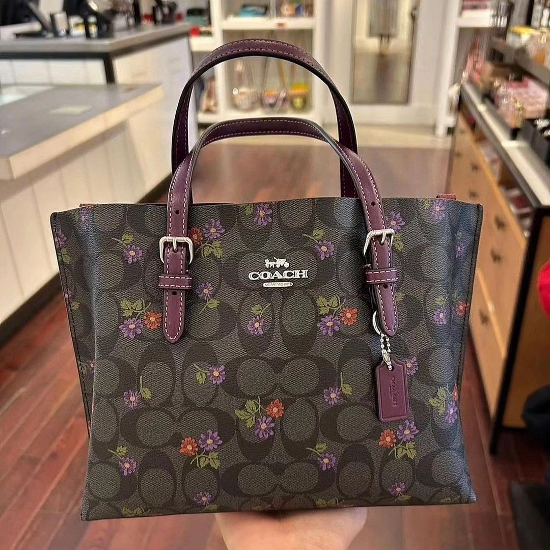 MOLLIE TOTE 25 IN SIGNATURE CANVAS WITH COUNTRY FLORAL PRINT COACH CM072 SILVER GRAPHITE DEEP BERRY