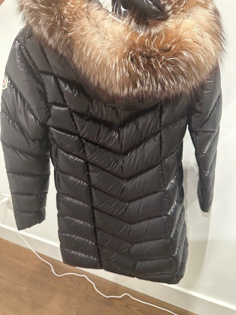 Moncler shiny puffer jacket with fur hood clearance