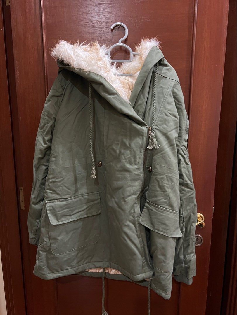 Army green fur coat top