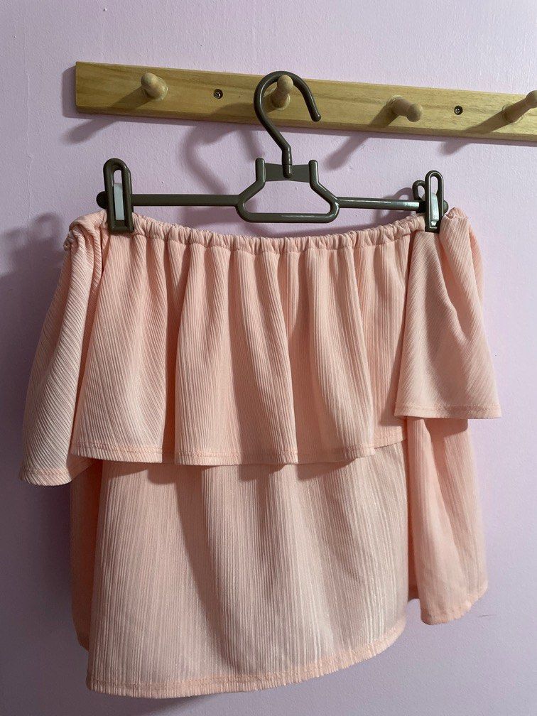 Off Shoulder Long Sleeve Draped Top - Pink