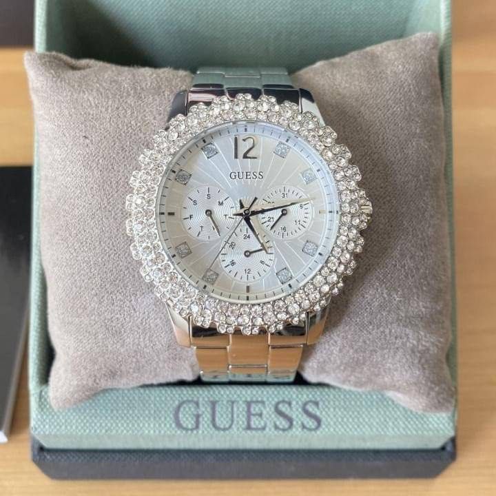 RESTOCK ORIGINAL GUESS DAZZLER CRYSTAL SILVER DIAL SILVER STEEL LADIES WATCH W0335L1