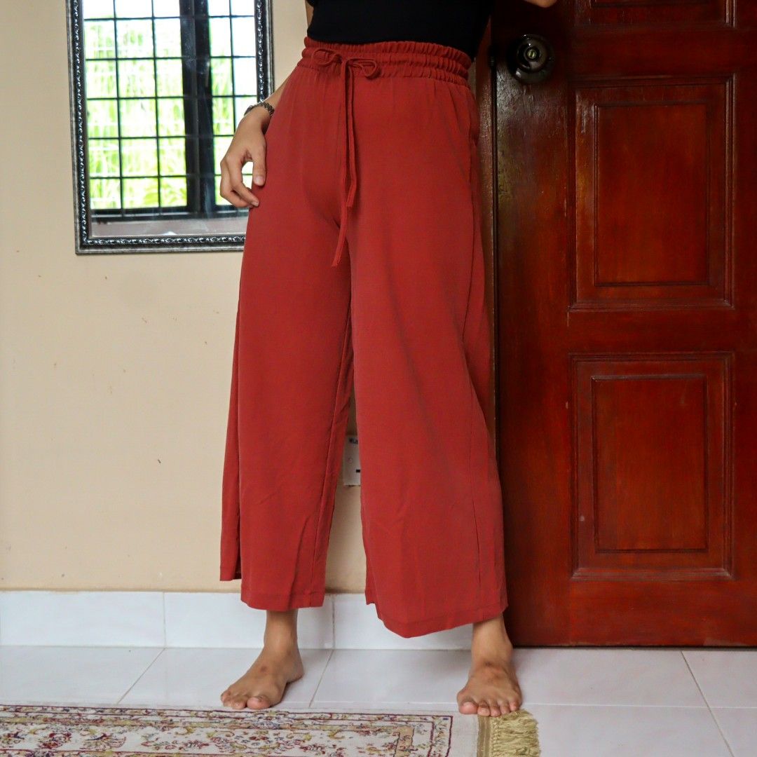 Maroon red Palazzo Pants culottes, Women's Fashion, Bottoms, Other Bottoms  on Carousell