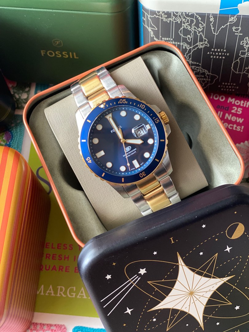 SALE 50 Fossil Blue Dive Three Hand Date Two Tone Stainless