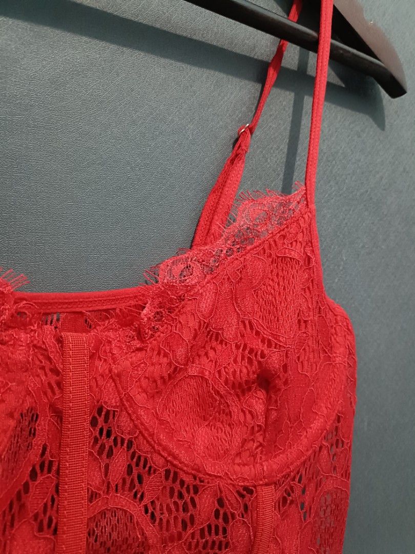Sexy Red Lace Cami Strap Bodysuit, Women's Fashion, Dresses & Sets, Rompers on Carousell