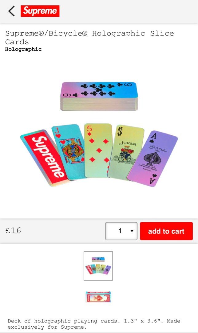 Supreme x Bicycle 啤牌Holographic Slice Cards, 興趣及遊戲, 玩具
