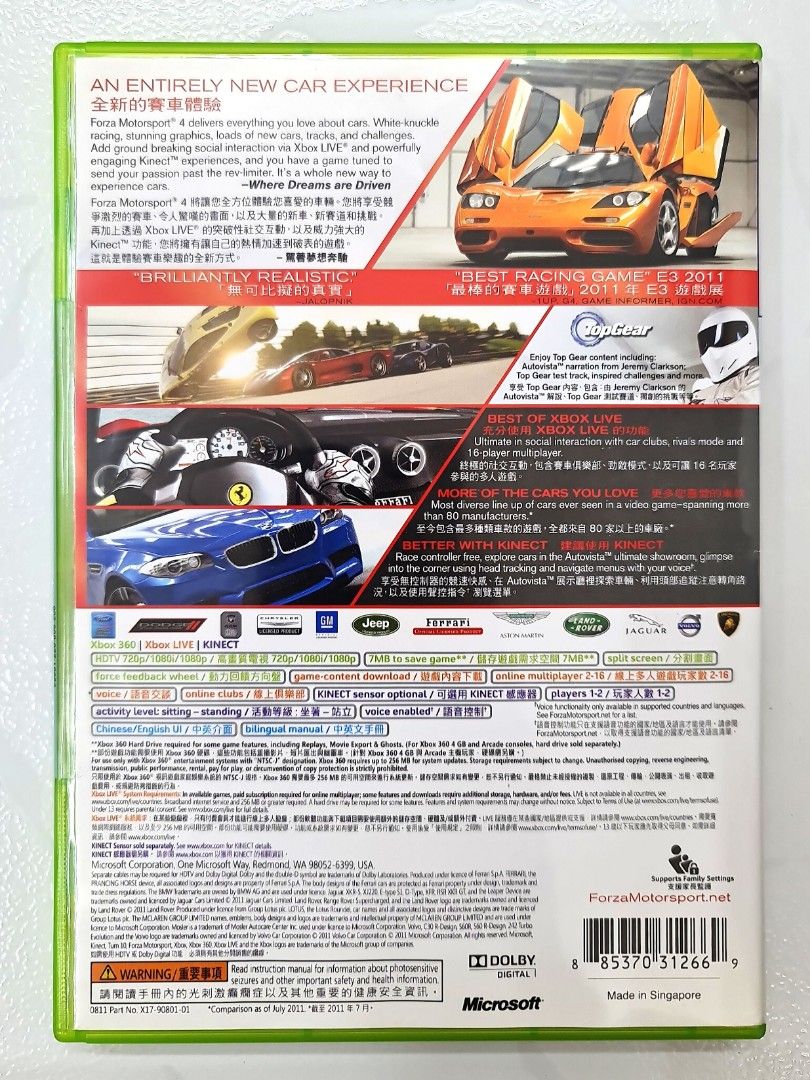 Video Game for Xbox 360 *Kinect*: Forza Motorsport 4 *Pre-owned* c/w all 3  DLC Codes Intact (NTSCJ / Microsoft Studio / Everyone), Video Gaming, Video  Games, Xbox on Carousell