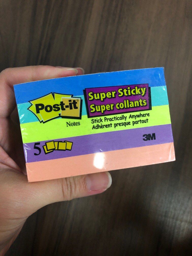 3M post-it notes (Category: Stationery & School Supplies) located in Singapore. Submitted by jessers (Listing ID 1261695541, Image 3). Description: - brand new with plastic packaging - super sticky, super collants - comes in 5 colours: orange, purple, green, turquoise, blue - 90 pieces x 5 colours = total 450 post-its - square notes of 76.2mm x 76.2mm.