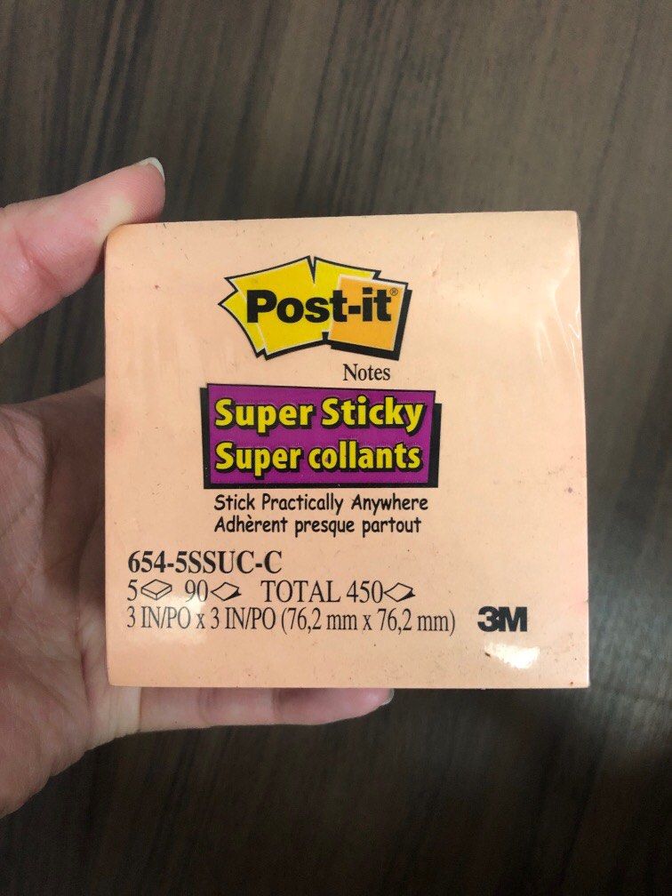 3M post-it notes (Category: Stationery & School Supplies) located in Singapore. Submitted by jessers (Listing ID 1261695541, Image 2). Description: - brand new with plastic packaging - super sticky, super collants - comes in 5 colours: orange, purple, green, turquoise, blue - 90 pieces x 5 colours = total 450 post-its - square notes of 76.2mm x 76.2mm.