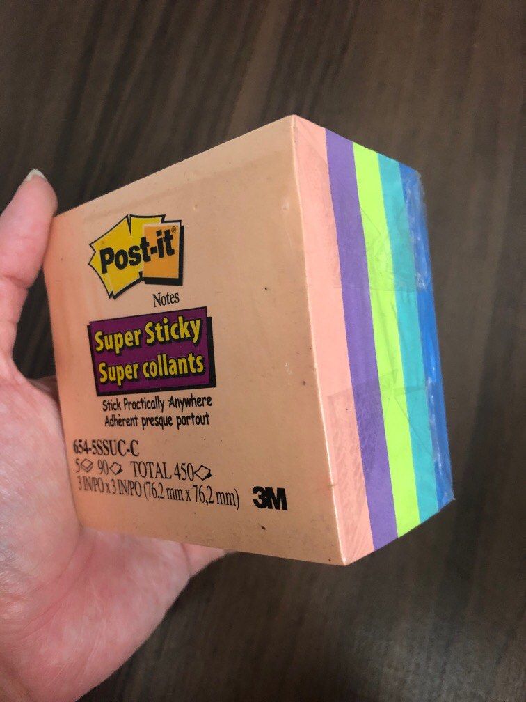 3M post-it notes (Category: Stationery & School Supplies) located in Singapore. Submitted by jessers (Listing ID 1261695541, Image 1). Description: - brand new with plastic packaging - super sticky, super collants - comes in 5 colours: orange, purple, green, turquoise, blue - 90 pieces x 5 colours = total 450 post-its - square notes of 76.2mm x 76.2mm.