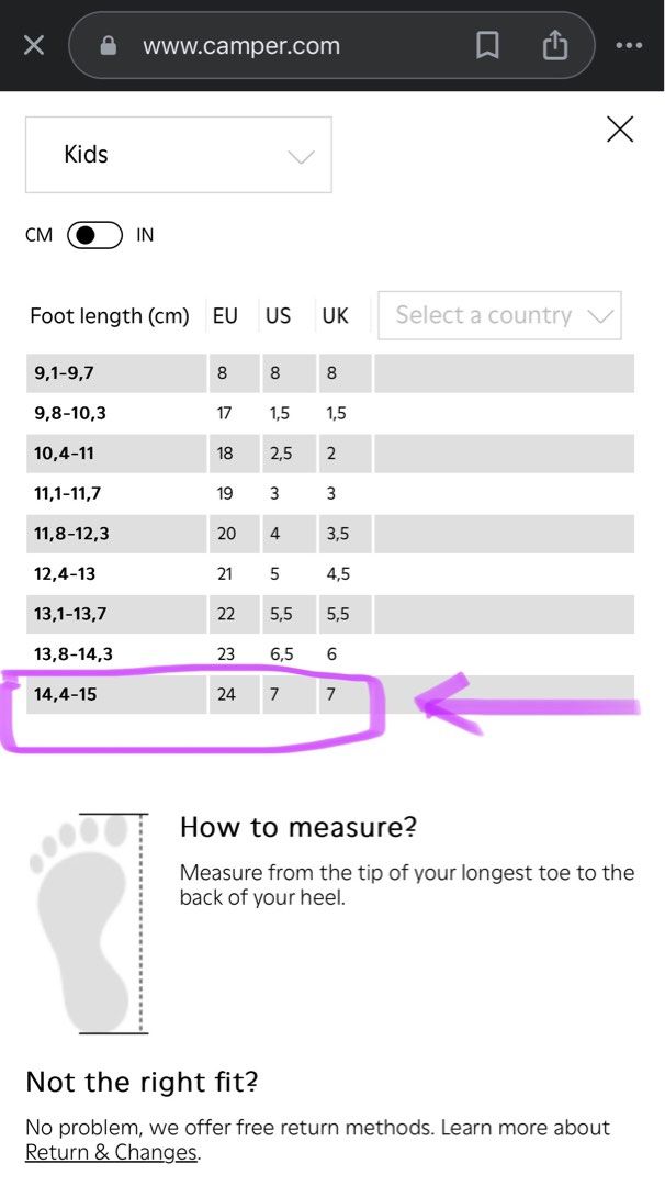 Camper kids size sales chart