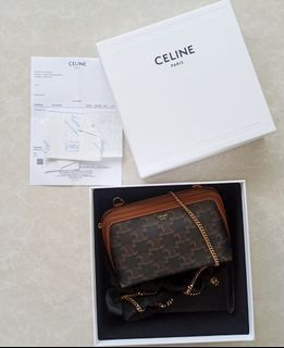CELINE Lambskin Triomphe Canvas Embroidered Logo Clutch With Chain Tan  642052