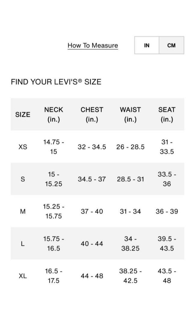 Denizen levi's top size chart