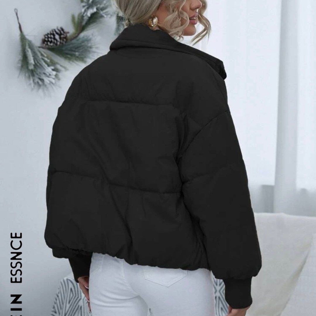 Drop Shoulder Zip Up Puffer Jacket Black XS