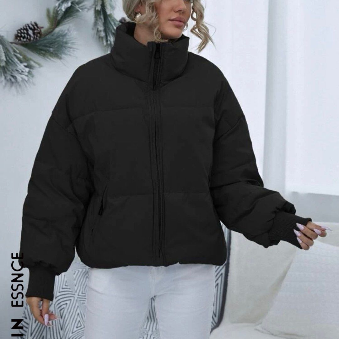 Drop Shoulder Zip Up Puffer Jacket Black XS