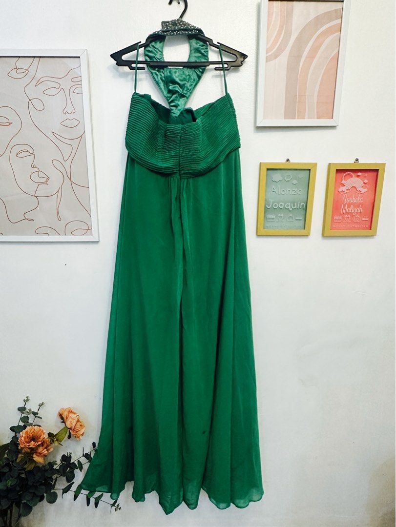 Unique Green Halter Satin Chiffon Beaded Long Party Dress Evening Gown main image 1