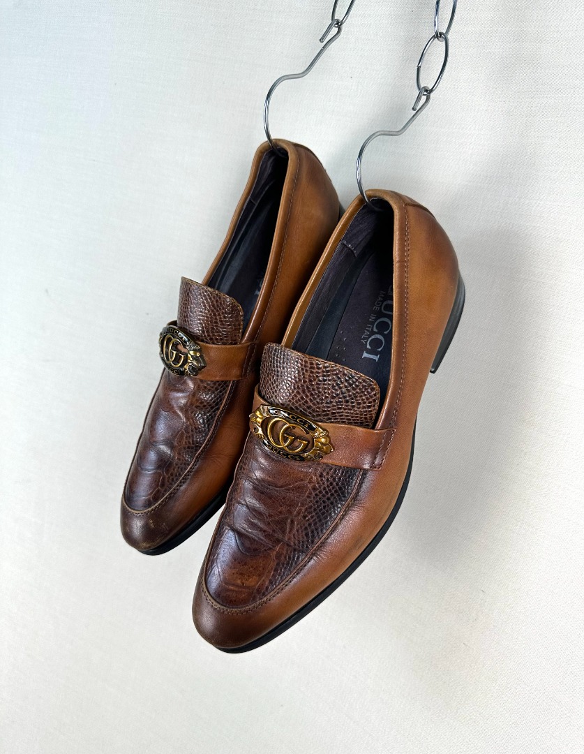 Gucci Lion head Brown Leather Derby Shoes Luxury Sneakers