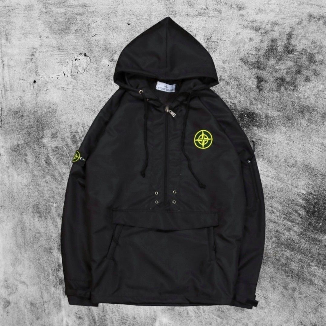 Jaket Stone Island Anorak Logo Parasut Hitam, Fesyen Pria, Pakaian