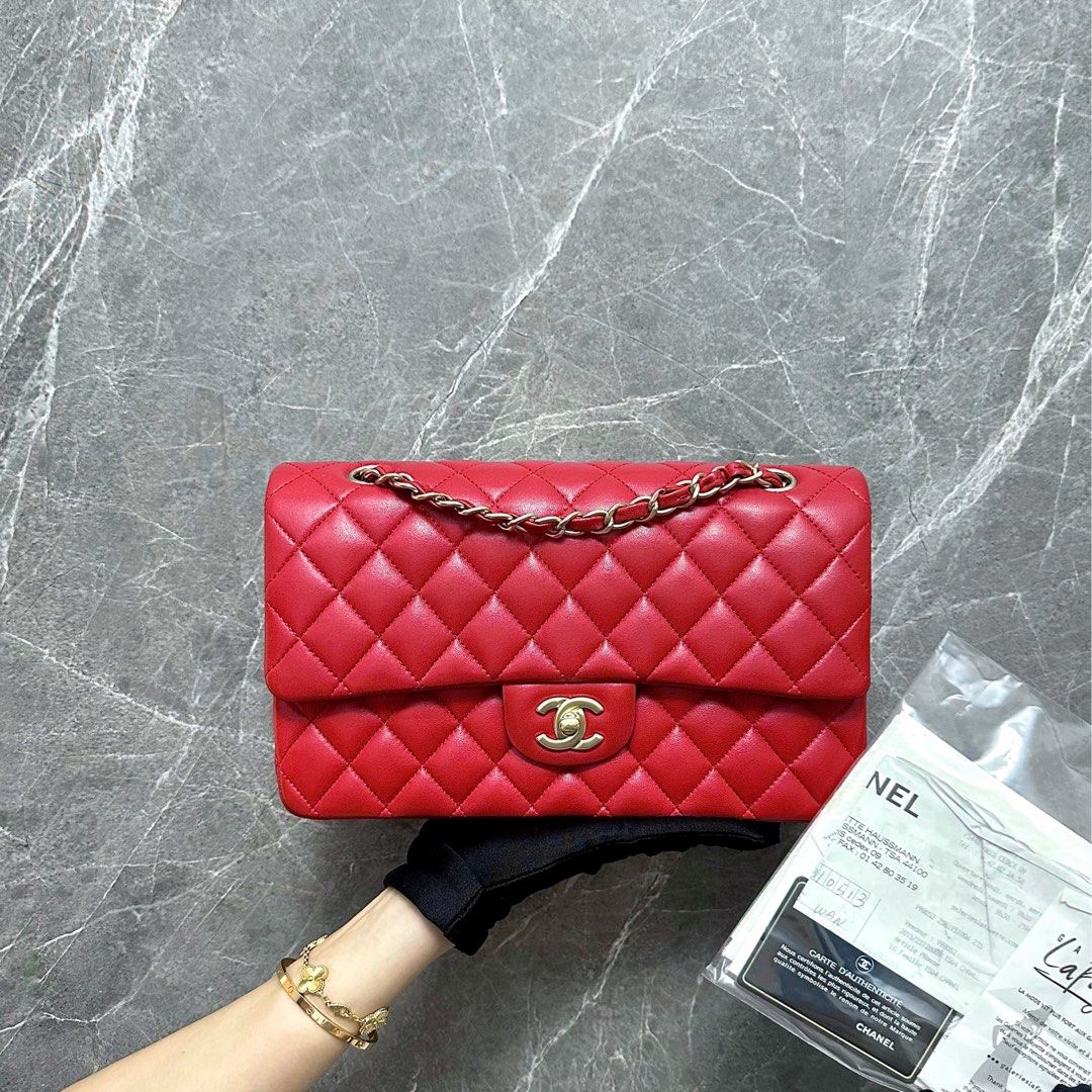 Authentic LARGE Chanel Classic RHW Red Lambskin, Luxury, Bags & Wallets on  Carousell