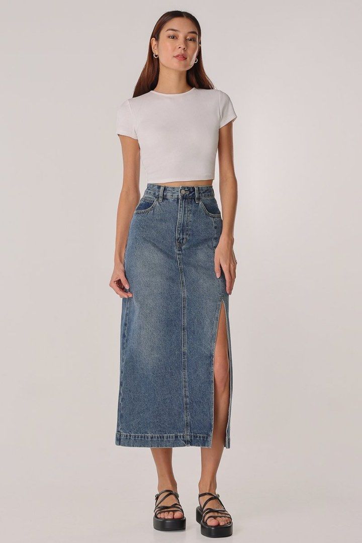 Side slit denim cheap skirt