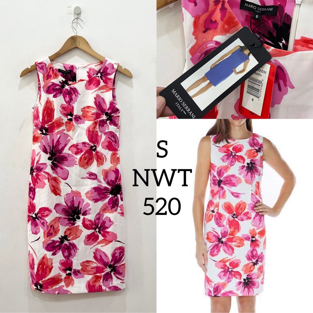 Robe Mario Serrani Italie Rose Fuchsia à Fleurs - Taille 14, Manches Décalées, Neuve Avec étiquettes