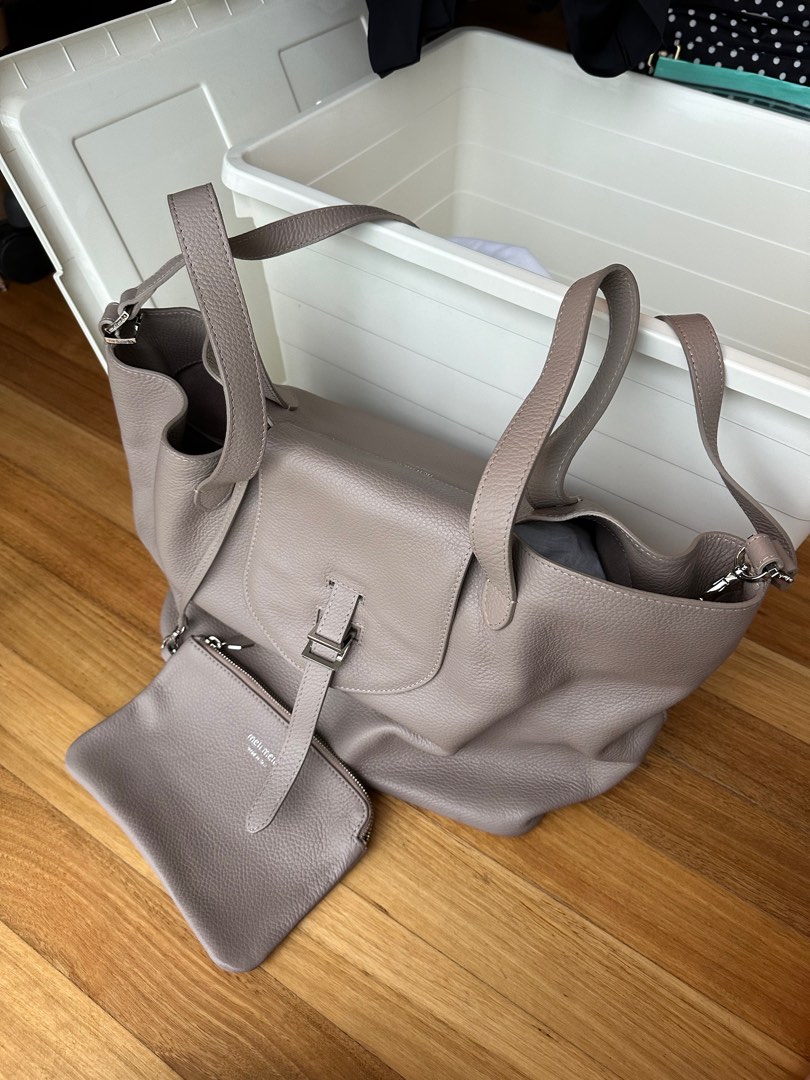 $845 meli melo Large Thela Pop Leather Tote Bag Stone Grey Beige Taupe  Purple
