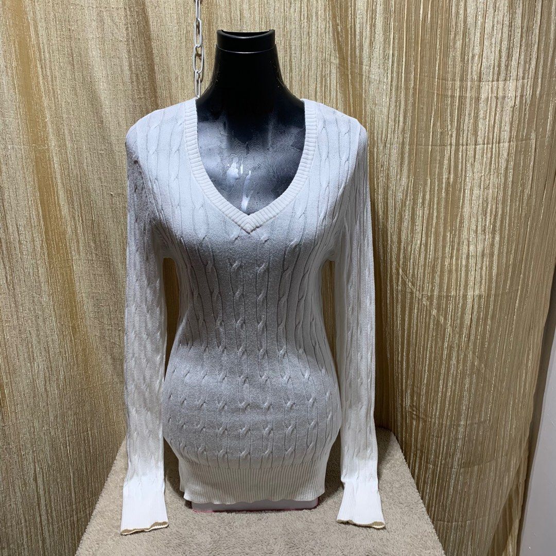 MERONA CABLE KNIT SWEATER WOMEN S VNECK LONGSLEEVE WHITE PLS