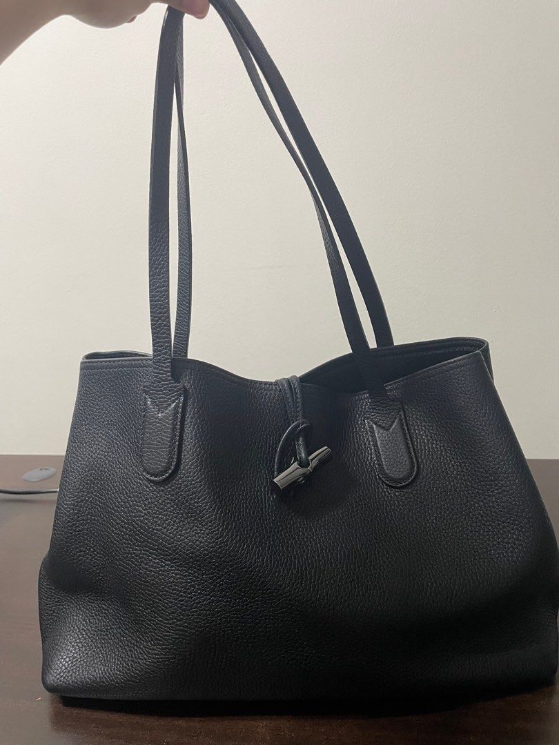 Longchamp 'Roseau' Leather Top Handle Shoulder Tote Handbag, Black