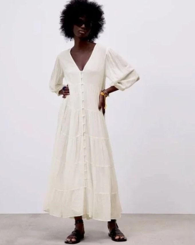 S ZARA WOMAN VOLUMINOUS TIERED LONG DRESS OYSTER WHITE
