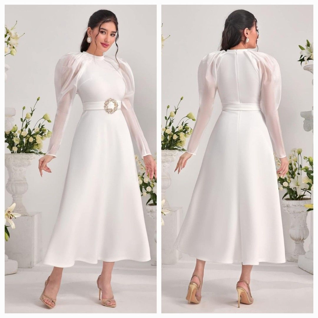 Shein white dress with rhinestone belt, Women's Fashion, Dresses