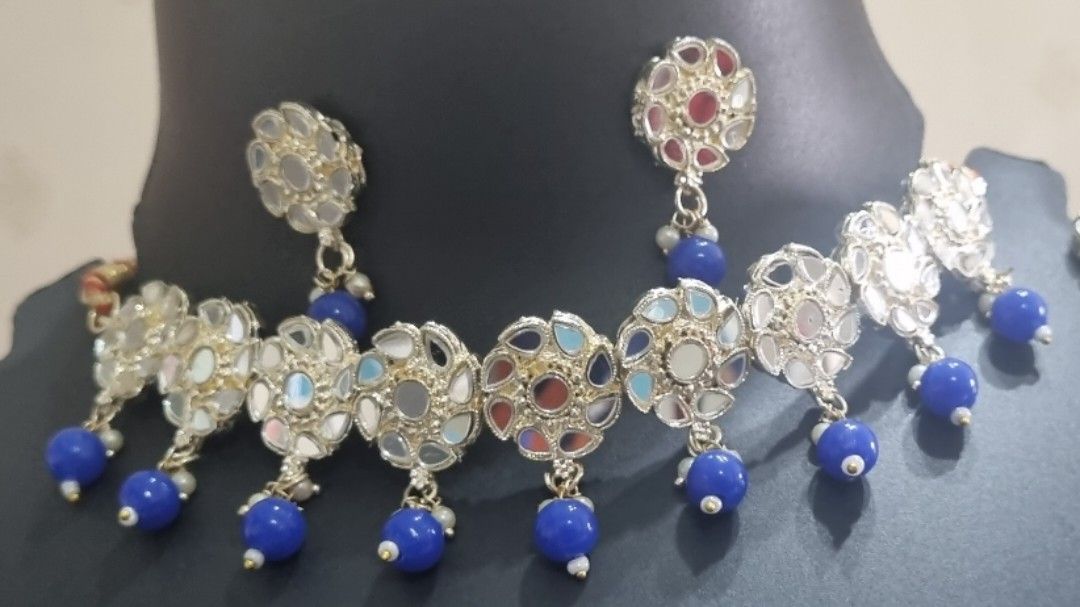 Stunning Mirrorwork Choker and Earrings Women s Fashion Jewelry