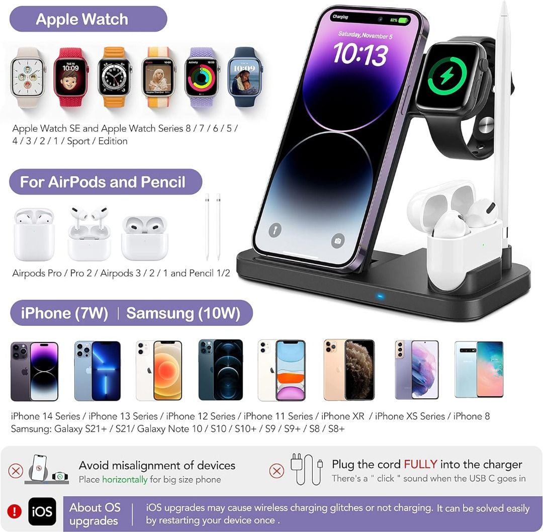 4 in 1 Smart Wireless Charger Station, Apple Watch & AirPods & Pencil  Charging Dock Station, Nightstand Mode for iWatch Series 5/4/3/2/1, Fast