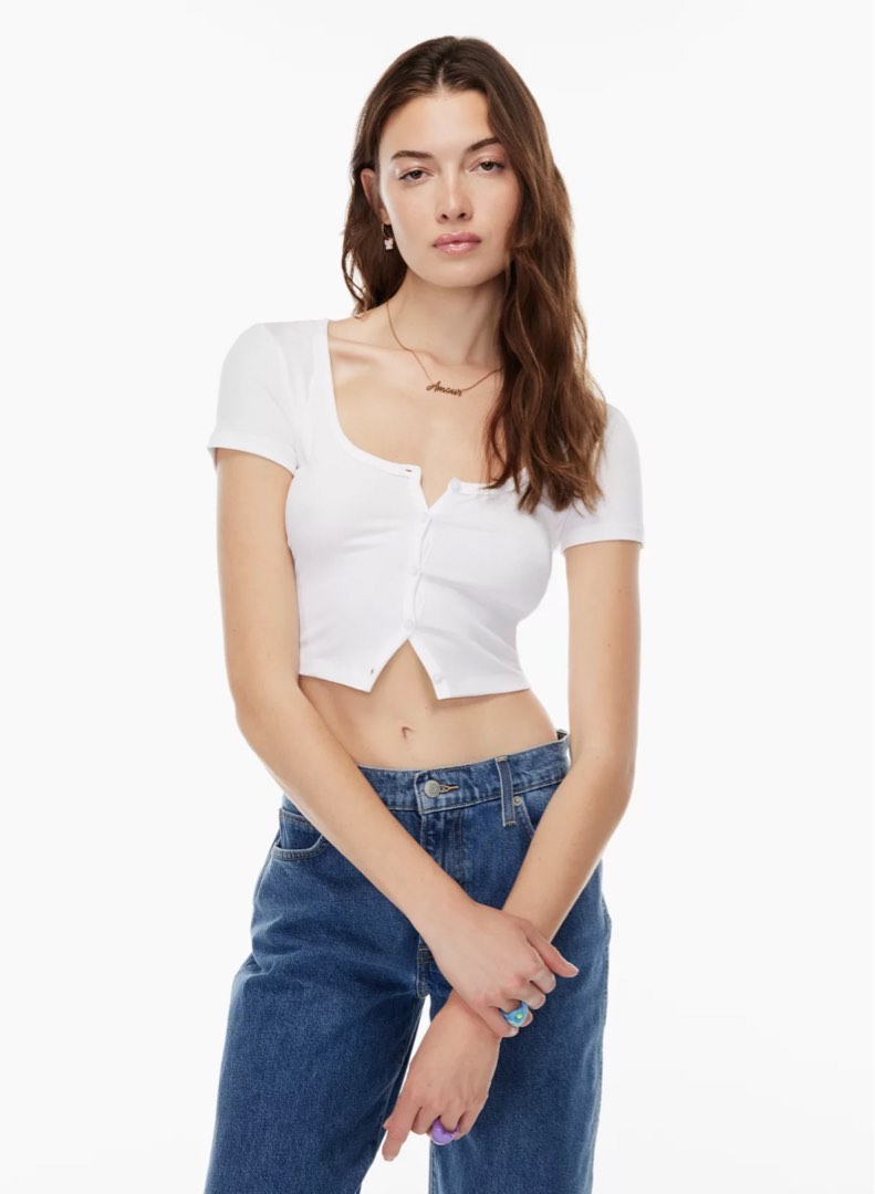 White Square Neck Button Front Crop Tee