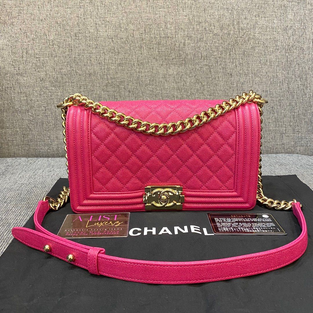 AUTHENTIC CHANEL LE BOY OLD MEDIUM FLAP BAG IN HOT PINK QUILTED