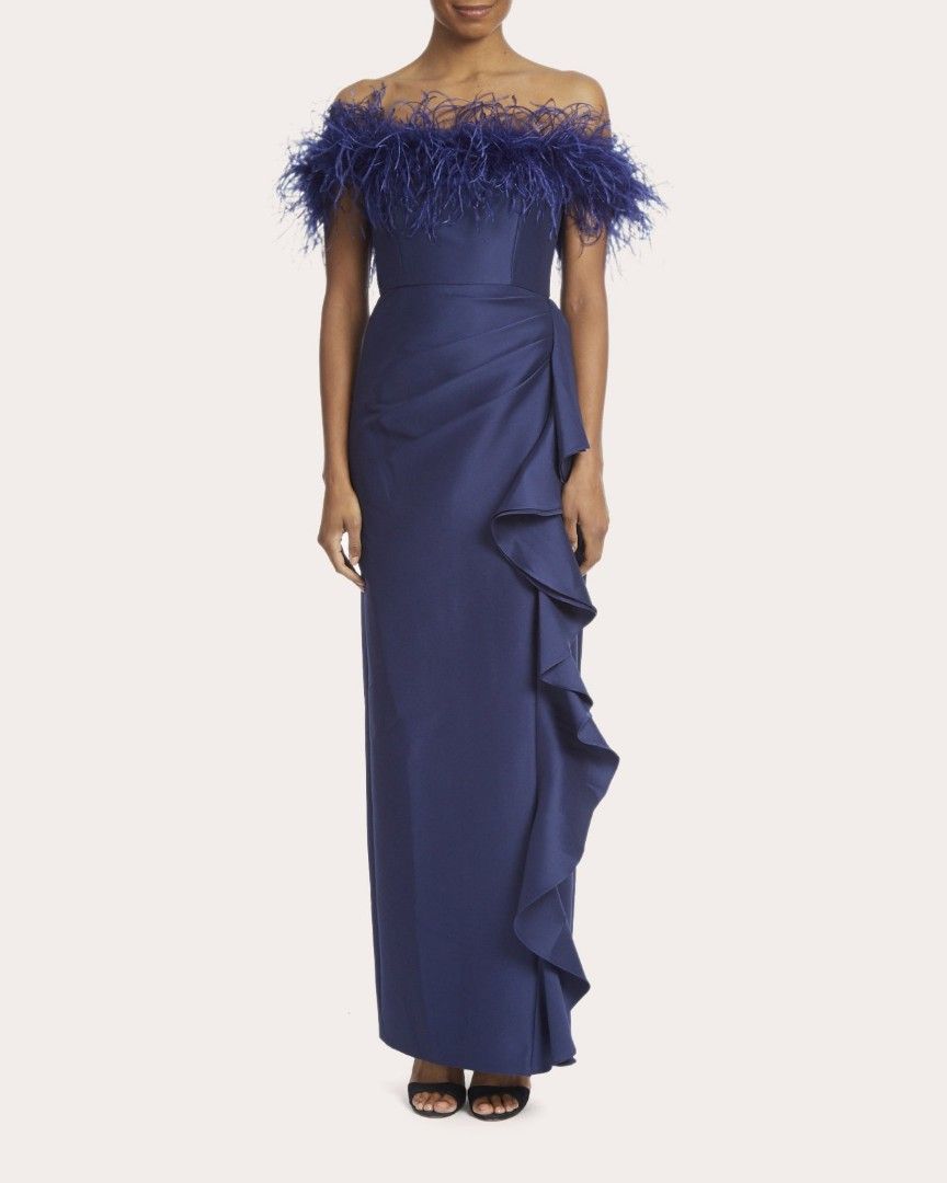 Badgley Mischka Feather Ruffle Off Shoulder Evening Gown