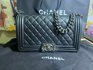 RECEIPT Chanel Black Calfskin Boy Medium Gold Chain Shoulder Crossbody Flap  Bag