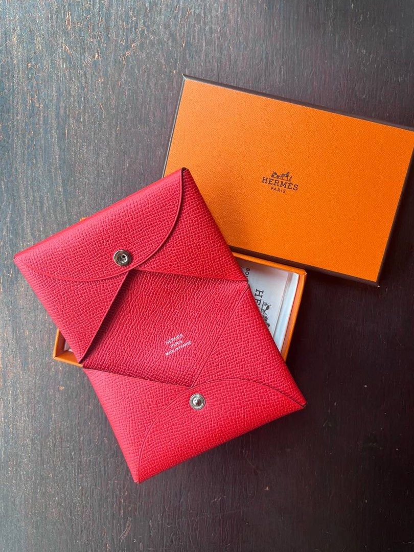 Hermes Calvi Card Holder Epsom Leather Gold Hardware In Red