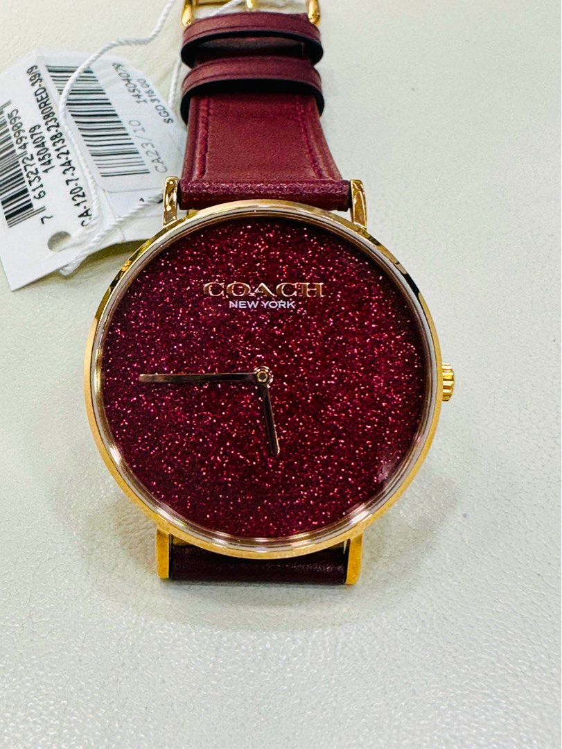 Coach New York Perry Glitter Wine Leather Strap Women Watch